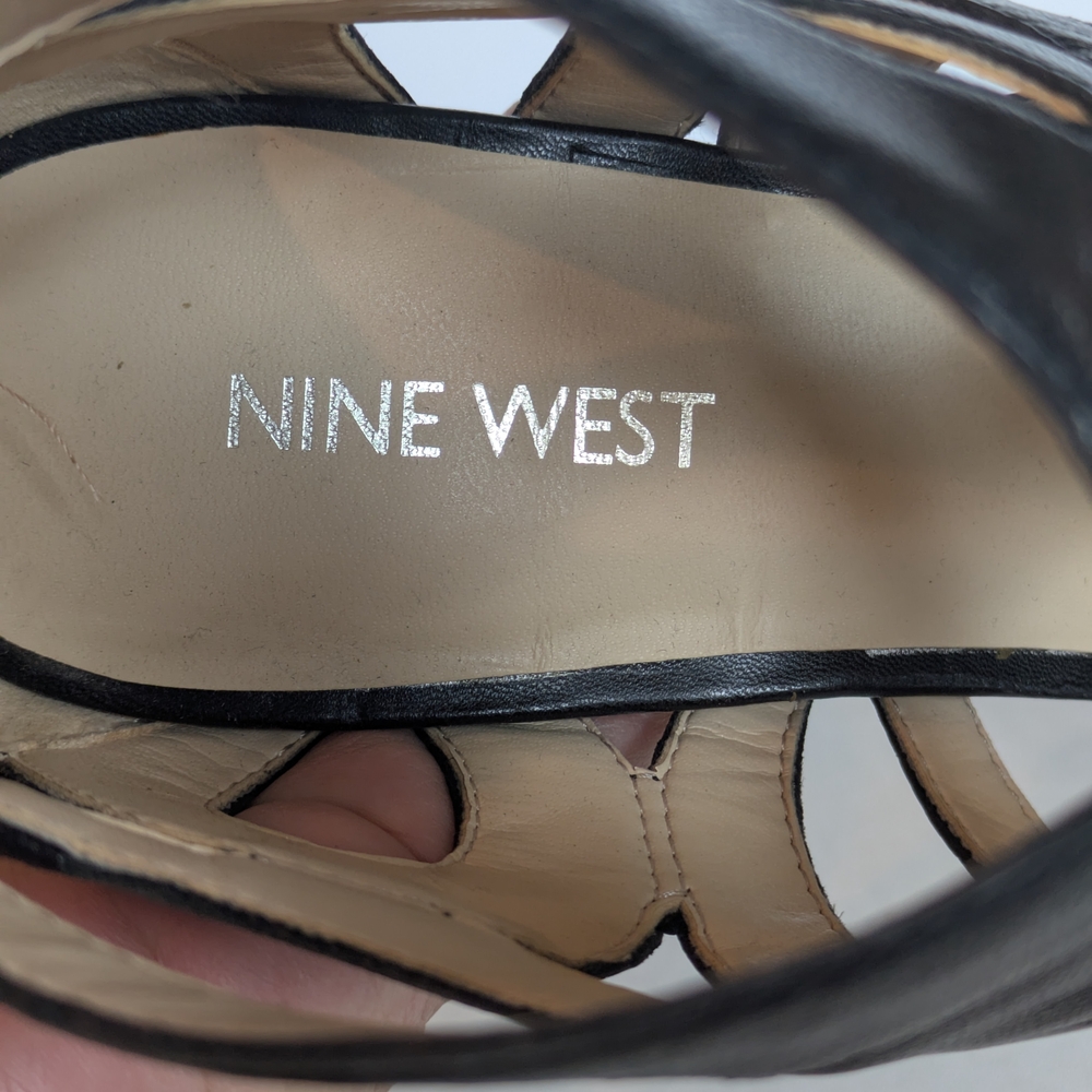 Nine West NWFLORA Black Leather Strappy Heels Stiletto Sandals Size 9 - Picture 5 of 8